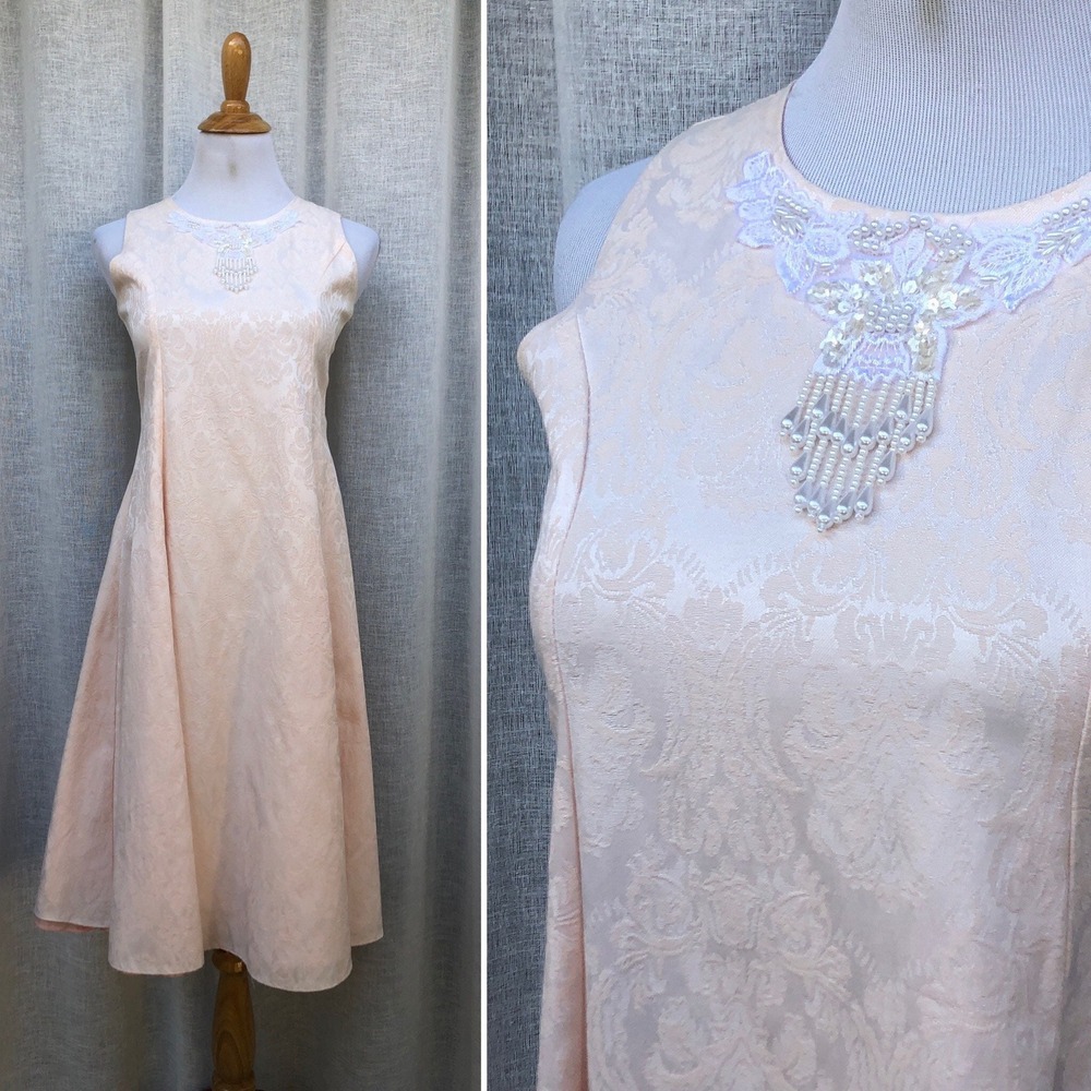 Vintage 1970 Popae Kid Romantic blush pink brocade prom dress with lace appliqué